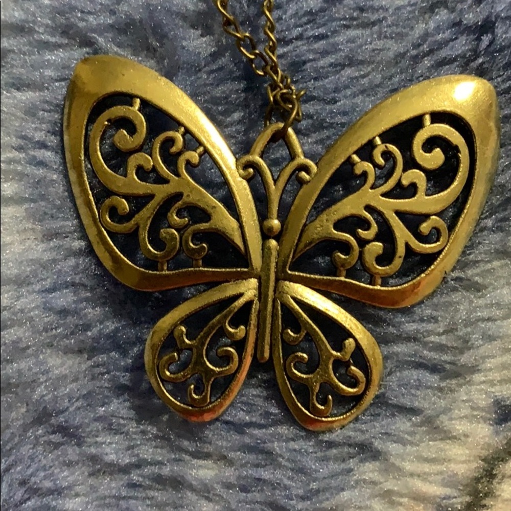 Butterfly necklace with long chain Antique looking